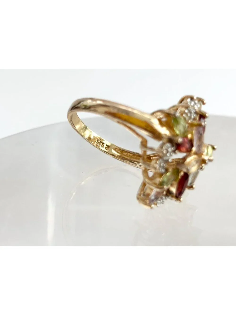 Rainbow Gemstone Vermeil Floral Sterling Silver 925 Vintage Ring - sz 8